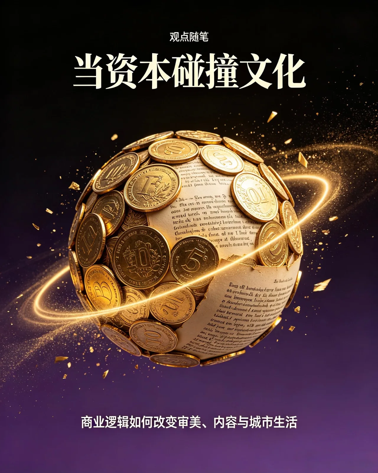 A gold-coin and antique-book sphere wrapped by a luminous ring — the cover image for an essay on the meeting of capital, culture and civilisation