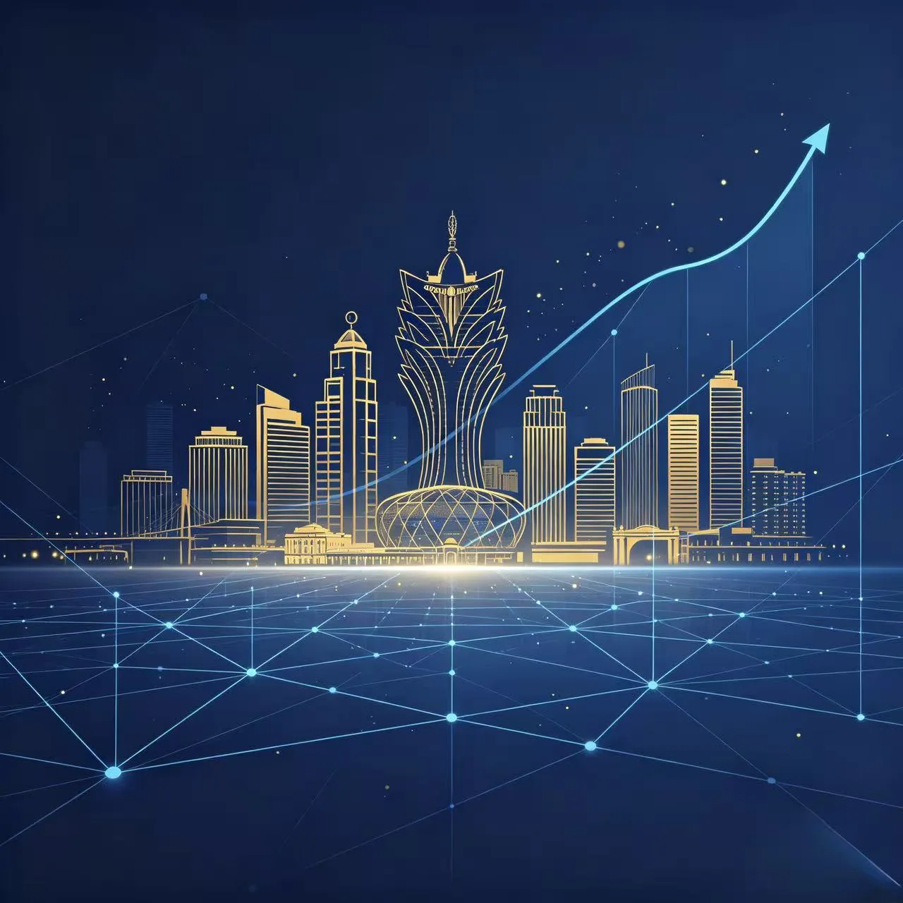 Gold Macau skyline silhouette on a deep-blue backdrop — cover for an English essay on Macao's third Five-Year Plan, with a rising graph arrow and connected nodes for the city moving from gaming to diversified industry